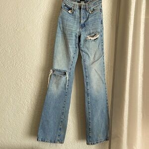 Light denim BDG Urban Outfitters stretch high rise flared jeans size 24 rips